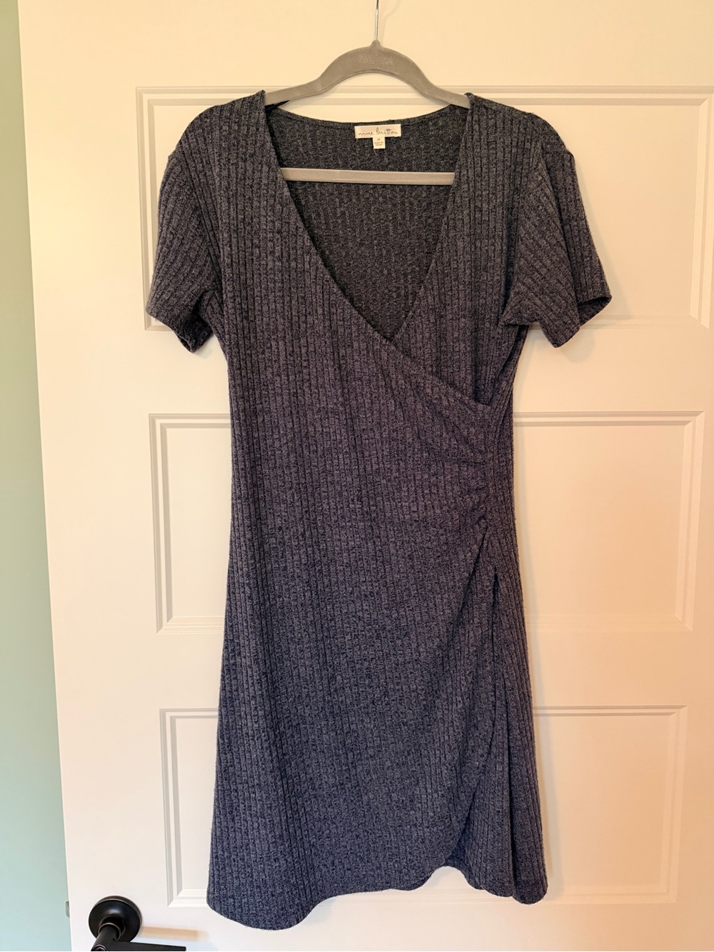 nine britton Heather Blue Ribbed Faux-Wrap Short Sleeve Dress